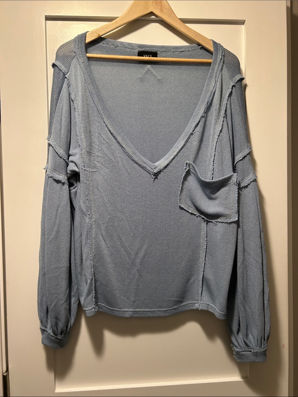 Vici Dusty Blue V-Neck Raw-Edge Long Sleeve Top